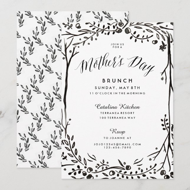 Invitation Jardin noir et blanc Fête des mères Brunch (Devant / Derrière)