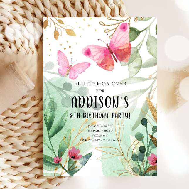 Invitation Jardin papillon Fleurs florales Or rose Anniversai (Créateur téléchargé)