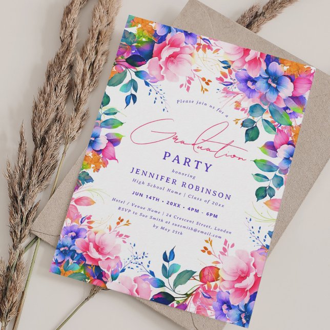 Invitation Jardin peint brillant Fête de Graduation Florale (Bright Painted Garden Floral Graduation Party Invitation)