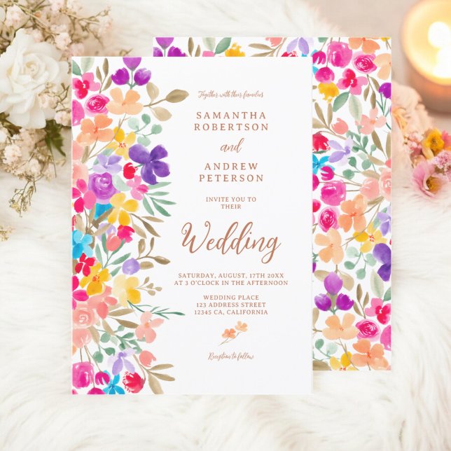 Invitation Jardin peint fleur sauvage script photo mariage (Painted garden wildflowers photo script wedding invitation)