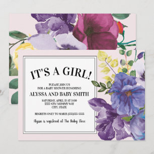 Invitation Jardin Purple Jaune Rose Floral Baby shower fille