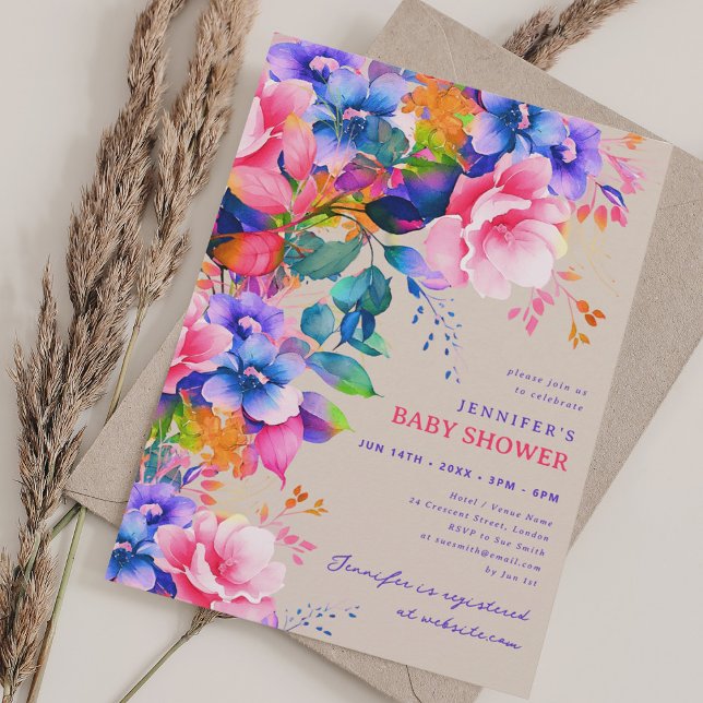 Invitation Jardin Rainbow tendance Baby shower Floral Champag (Trendy Rainbow Garden Floral Baby Shower Champagne Invitation)