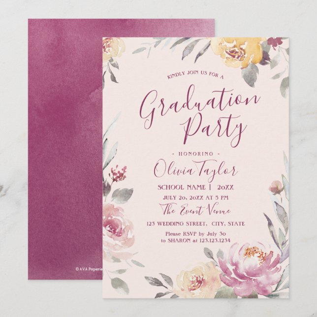 Invitation Jardin romantique aquarelle fête de graduation flo (Devant / Derrière)