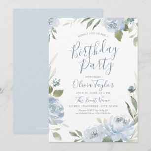 Invitation Jardin romantique bleu poussiéreux fête d'annivers