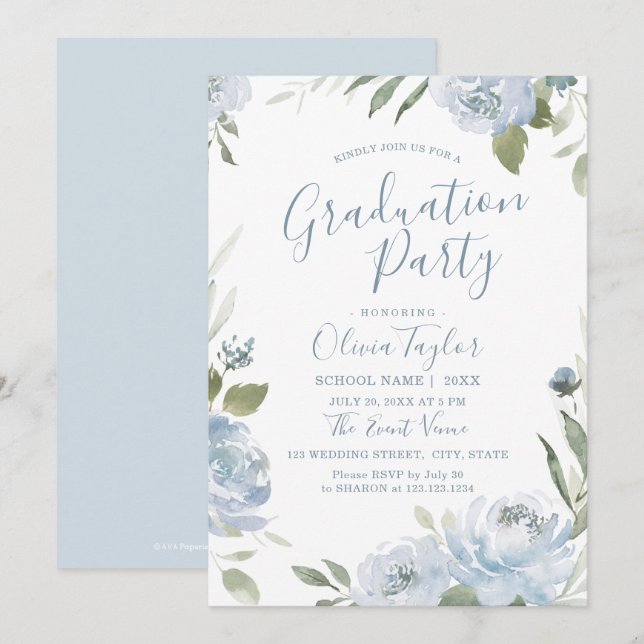 Invitation Jardin romantique bleu poussiéreux fête de graduat (Devant / Derrière)