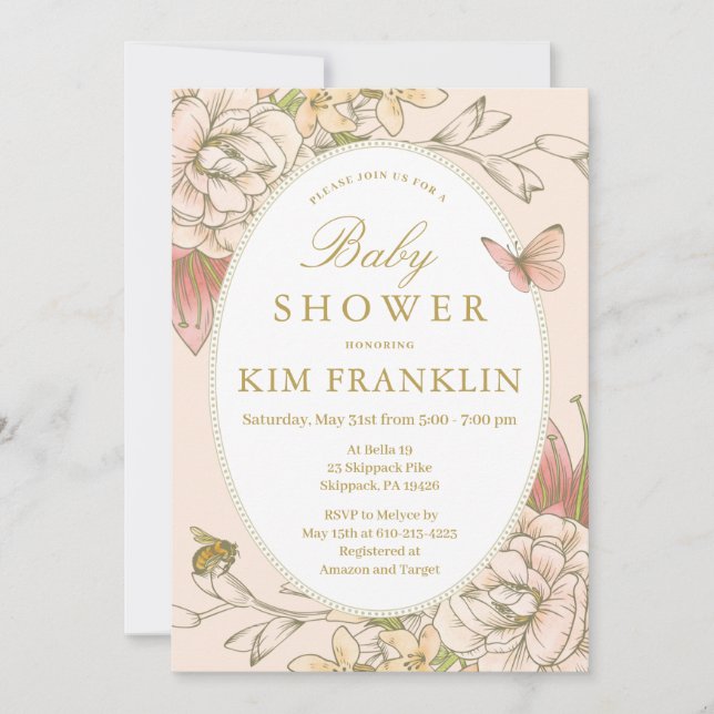Invitation Jardin romantique Floral Baby Bee Girl Douche (Devant)