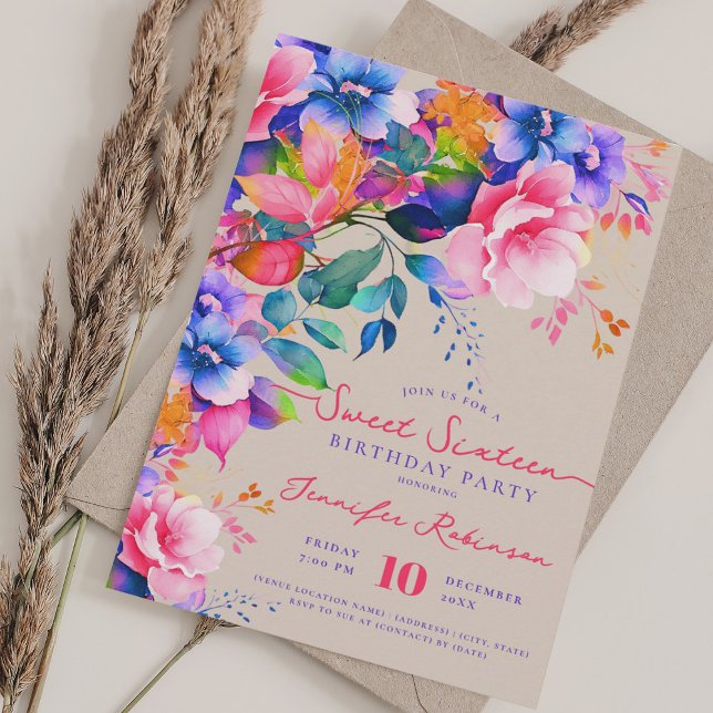Invitation Jardin romantique Floral Sweet 16 Anniversaire Cha (Romantic Garden Floral Sweet 16 Birthday Champagne Invitation)