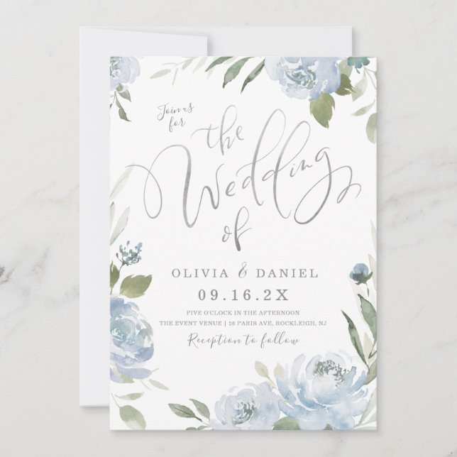 Invitation Jardin romantique mariage floral bleu poussiéreux (Devant)