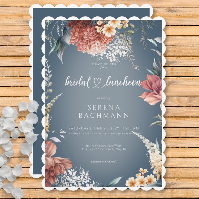 Invitation Jardin romantique moderne Floral Bleu Bridal déjeu (Modern Romantic Garden Floral Blue Bridal Luncheon Invitation)