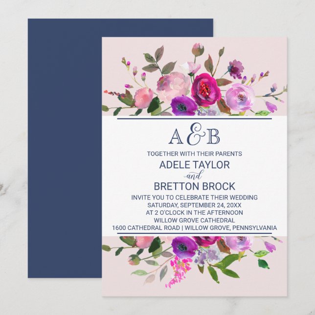 Invitation Jardin romantique Monogramme Mariage (Devant / Derrière)