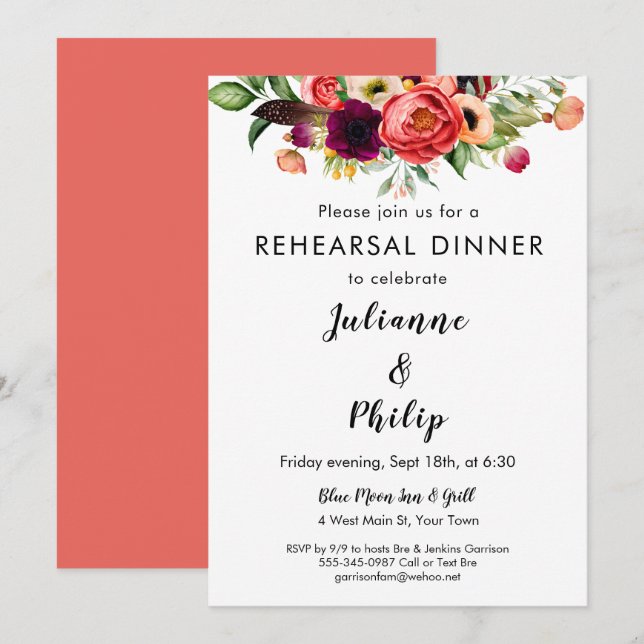 Invitation Jardin romantique Répétition Florale Dîner Invitat (Devant / Derrière)