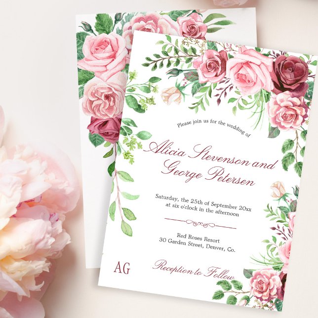 Invitation Jardin romantique Roses rose pâle Mariage Monogram (Créateur téléchargé)