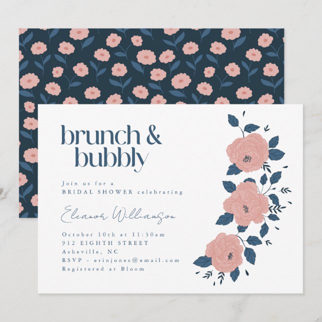 Invitation Jardin rose de la marine Brunch Bubbly douche (Devant / Derrière)