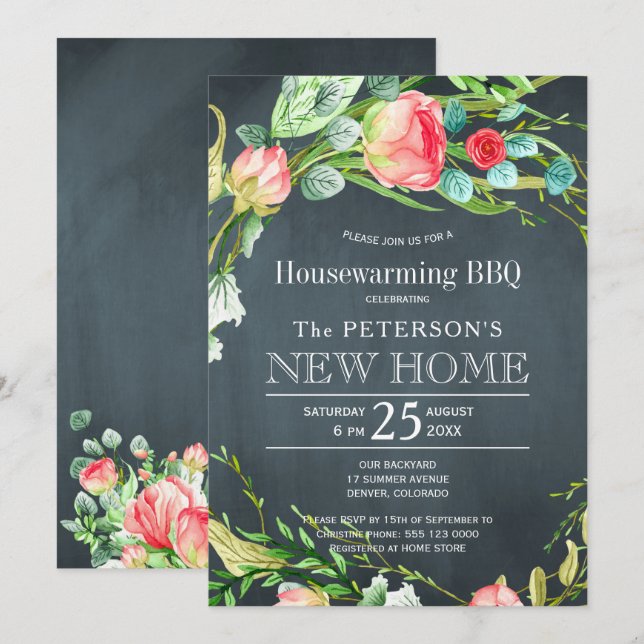 Invitation Jardin rose d'été rustique nouvelle maison barbecu (Devant / Derrière)
