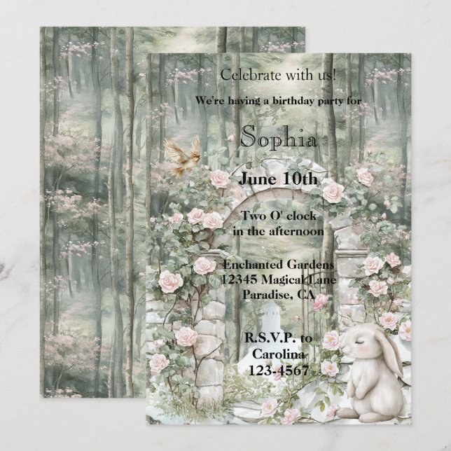 Invitation Jardin rose enchanté Lapin Jardin Anniversaire (Devant / Derrière)