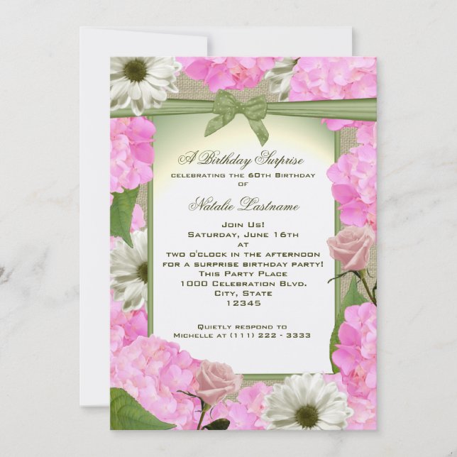 Invitation Jardin rose et vert fête Anniversaire (Devant)