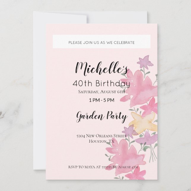 Invitation Jardin rose Fête d'anniversaire aquarelle Floral (Devant)
