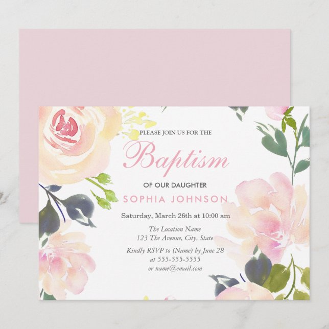 Invitation Jardin rose Floral Girls Baptême Christening (Devant / Derrière)