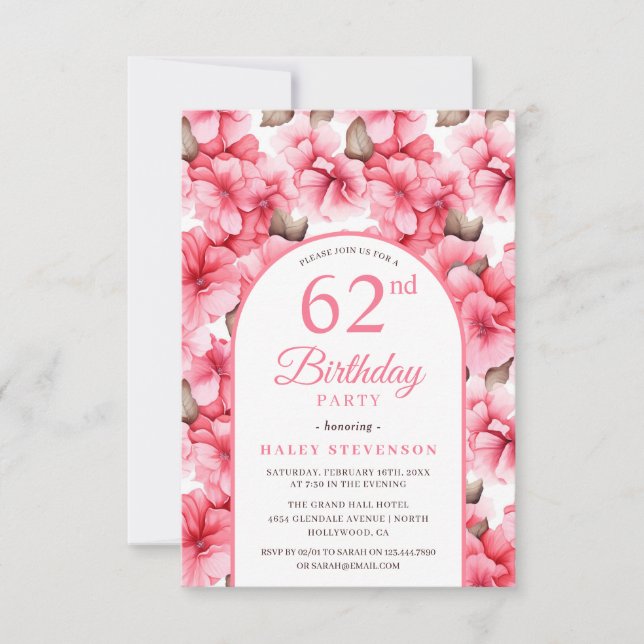 Invitation Jardin rose Joli Arc Floral Chic 62e Anniversaire (Devant)