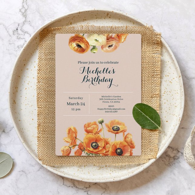 Invitation Jardin rose Orange Floral Tout âge Anniversaire Fê (Créateur téléchargé)