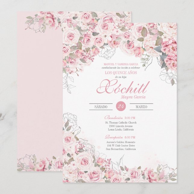 Invitation Jardin Rose rose pâle Fleur Quinceanera (Devant / Derrière)
