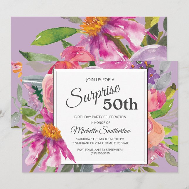 Invitation Jardin rose violet Floral 50e fête d'anniversaire (Devant / Derrière)