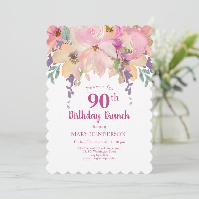 Invitation Jardin rose violet Floral 90e anniversaire Brunch (Debout devant)