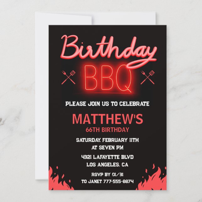 Invitation Jardin rouge noir barbecue 66e anniversaire (Devant)