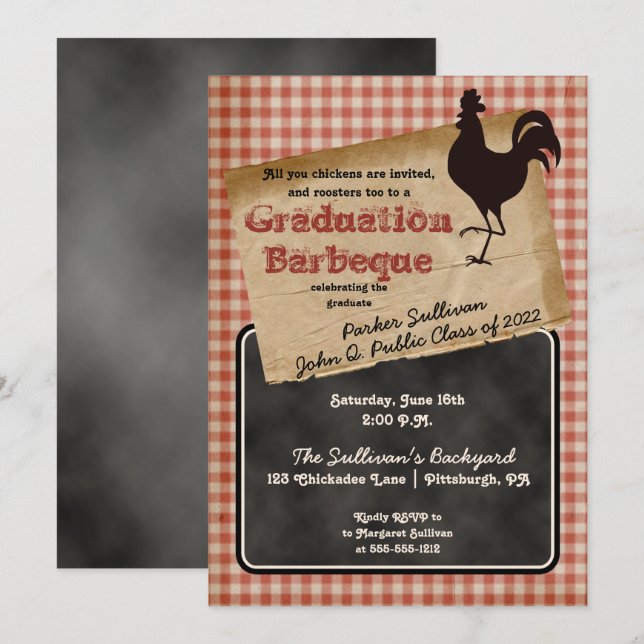 Invitation Jardin Rustic Rooster BBQ Graduation Party (Devant / Derrière)