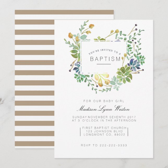 Invitation Jardin Succulent | Baptême d'aquarelle florale (Devant / Derrière)