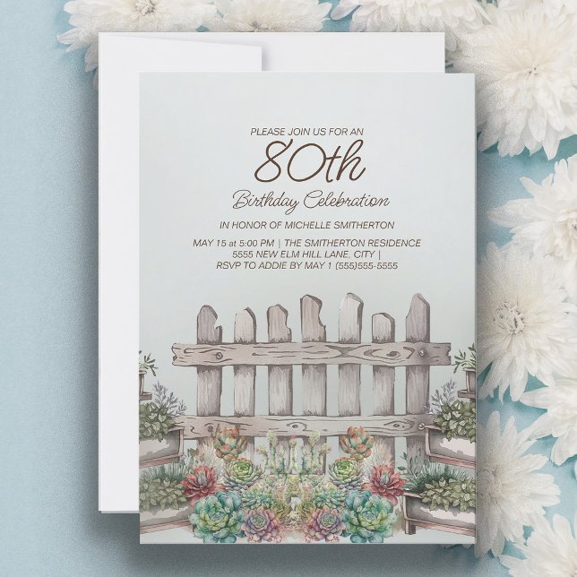 Invitation Jardin Succulents Porte Botanique 80e anniversaire (Garden and succulents 80th birthday party invitation for women)