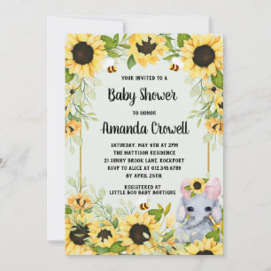 Invitation Jardin Sunflowers Elephant Girl Baby shower