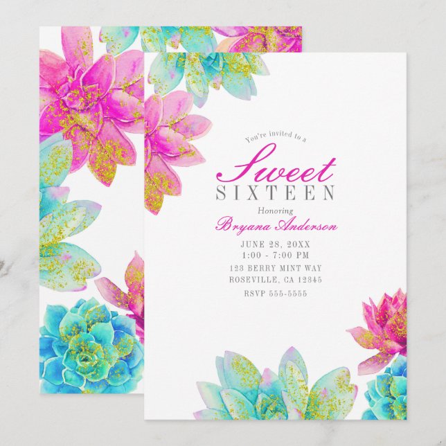 Invitation Jardin Turquoise rose vif Succulents Doux 16 Parti (Devant / Derrière)