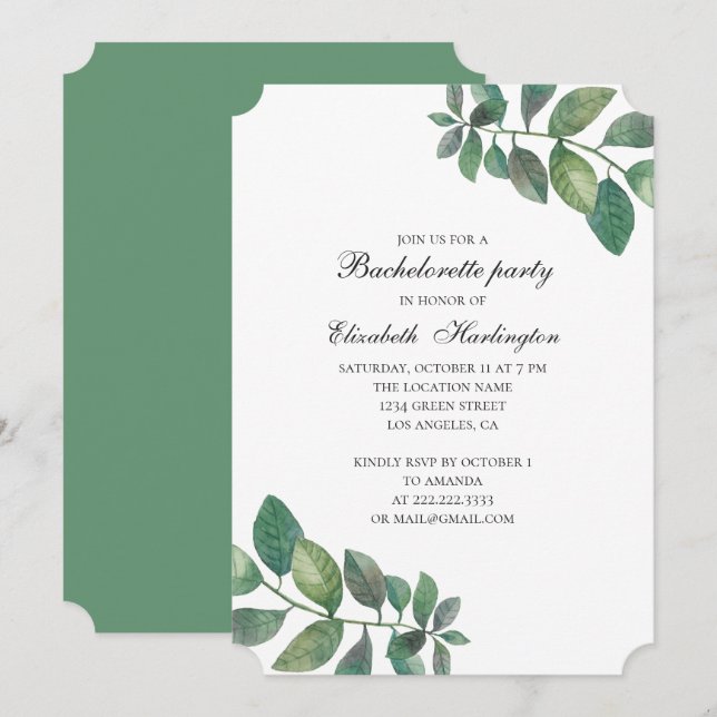 Invitation Jardin vert d'été. Bachelorte de Woodland (Devant / Derrière)