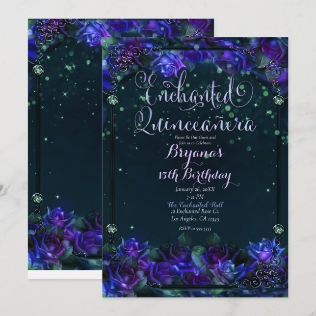 Invitation Jardin vert violet enchanté 15 Quinceañera (Devant / Derrière)