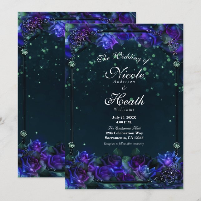 Invitation Jardin vert violet enchanté Mariage Rose (Devant / Derrière)