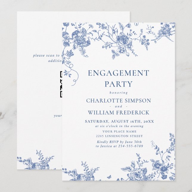 Invitation Jardin victorien Bleu Français ENGAGEMENT PARTY QR (Devant / Derrière)