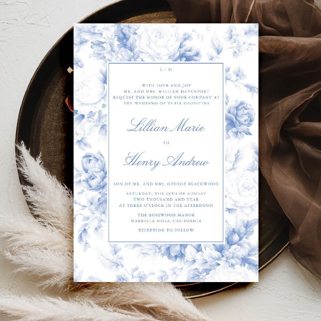 Invitation Jardin vintage Bleu Toile Moderne Mariage classiqu (vintage garden wedding invitation blue toile french floral botanical old money formal traditional)
