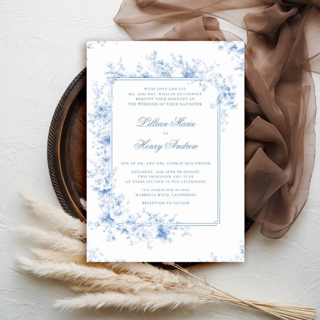 Invitation Jardin vintage Jardin enchanté Toile Bleu Mariage  (vintage garden wedding invitation chateau blue toile floral old money formal traditional classic)