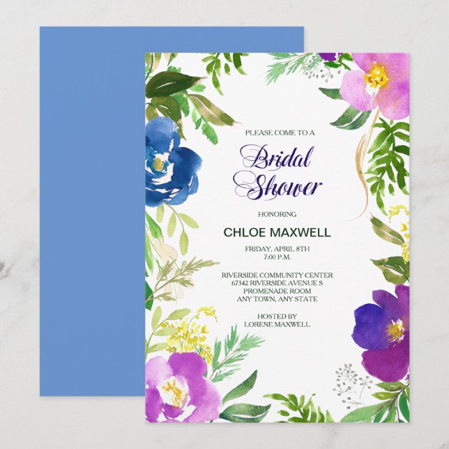 Invitation Jardin Violet Bleu Formelle Douche nuptiale Invita (Devant / Derrière)