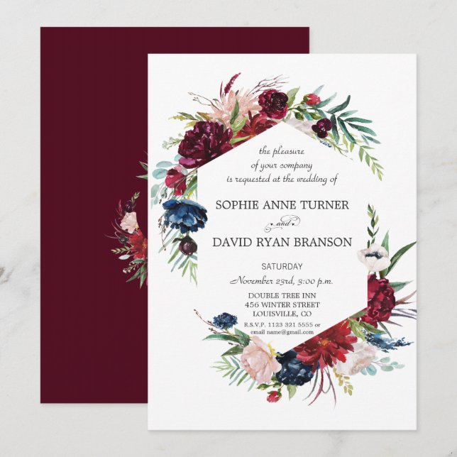 Invitation Jardin Whimsical Bourgogne bleu Mariage (Devant / Derrière)