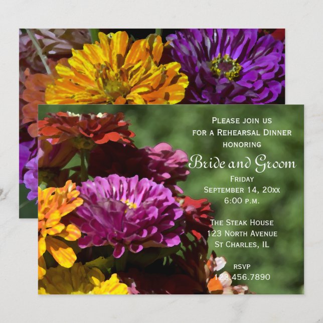 Invitation Jardin Zinnia Fleurs Mariage Dîner de répétition (Devant / Derrière)