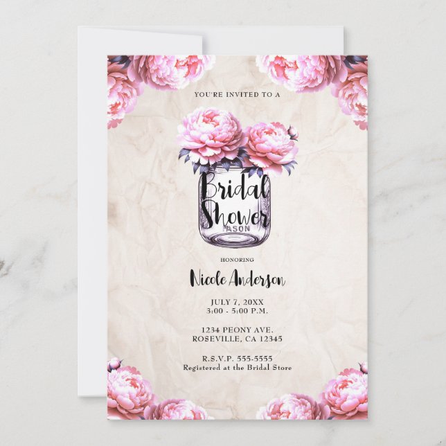 Invitation Jarre de maçon à pivoine rose pour douche de marié (Devant)