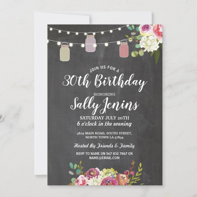Invitation Jars Anniversaire de la fête Rustic Chalk Floral I (Devant)