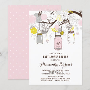 Invitation Jars Maçon Pinks et Gris Fleuris Baby Shower Brunc
