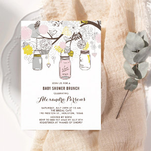 Invitation Jars Maçon Poussière Rose Fleurs Baby Shower Brunc