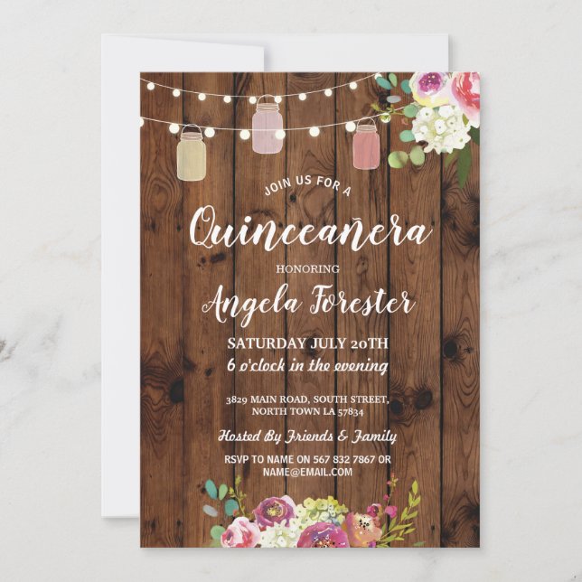 Invitation Jars rustiques Quinceanera Party Bois Lumières flo (Devant)