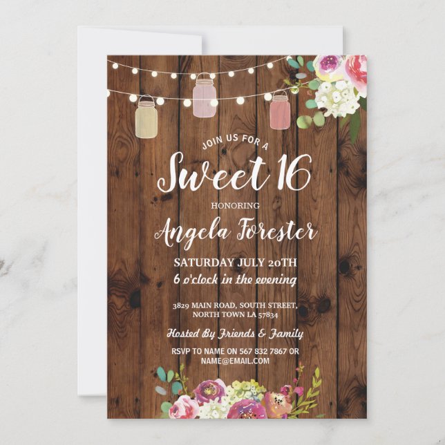 Invitation Jars rustiques Sweet 16 Party Lumières florales bo (Devant)