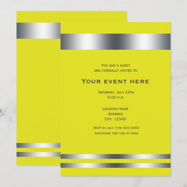 Invitation Jaune & Argent Élégant Dîner Fête Événement (Devant / Derrière)
