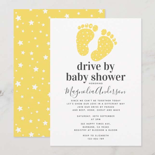 Invitation Jaune Bébé Pieds Drive Par Baby shower (Devant / Derrière)